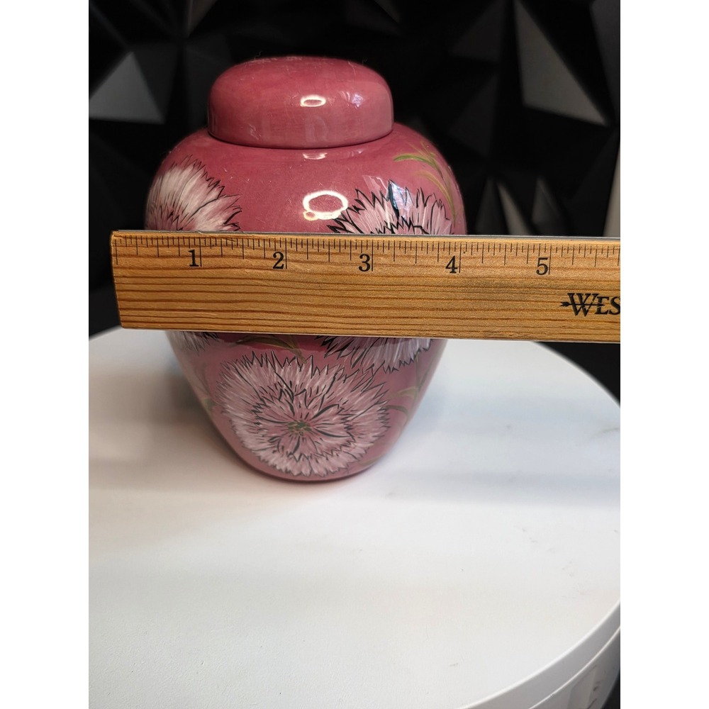 Vintage Signed Hand Painted Pink Floral Ceramic Ginger Jar with Lid 5.75" - Picture 4 of 10